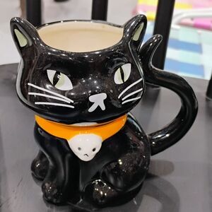 Black Cat Ceramic Mug with Orange Collar